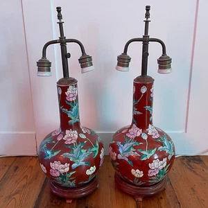 Pair of Antique Ceramic Lamp Light Bedside Oriental Painted Floral Wood Chinese - Picture 1 of 15