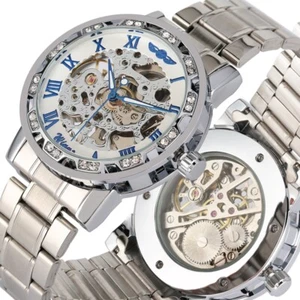 Luxus Gewinner Kristall Zifferblatt Herren Handaufzug Mechanische Uhr Vollstahlband Geschenk - Bild 1 von 16