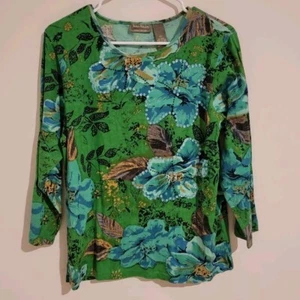 Jane Ashley Top Size Large L Womens Colorful Floral Beaded Shirt Blue Green - Picture 1 of 6