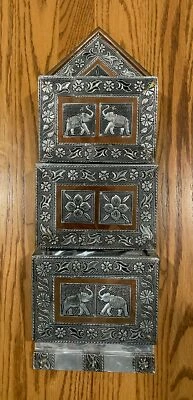 Vtg Aluminum Embossed Mail Organizer Holder ELEPHANT Letter Recipes Wall Hanging - Image 1 of 4
