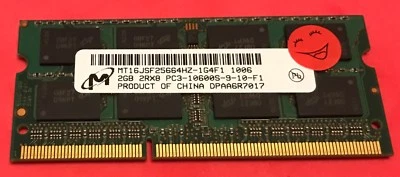 Micron RAM 2GB DDR3 PC3-10600S 1333 SODIMM MT16JSF25664HZ - Immagine 1 di 4
