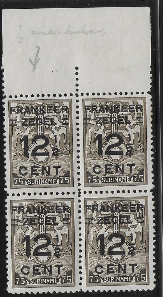 Surinam stamps 1927 NVPH 132P ERROR Bloc of 4 MNH VF - Image 1 of 1