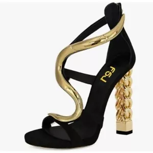 FSJ Women Flower Gold Metal Chain Chunky High Heels Ankle Strap Sandals Black - Picture 1 of 8