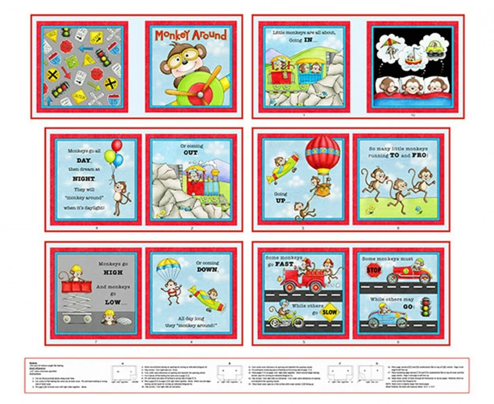 Monkey Around Airplane Hot Air Balloon Boat Car Book Panel Cotton Fabric - Image 1 of 1
