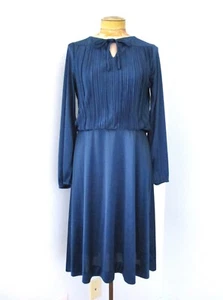 Vintage 70er blau Poly Satin Strick Sekretär Kleid Micro Akkordeon Plissee Blousy 10P - Bild 1 von 6