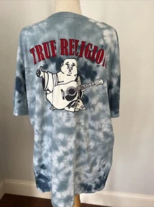 True Religion T Shirt Mens 2 Extra Large Buddha Blue Tie Dye World Tour Y2K - Picture 1 of 9