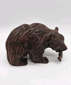 Hand Carved Grizzly Bear With Fish Wooden Figure Primitive Rustic Country Lake - Picture 1 of 10