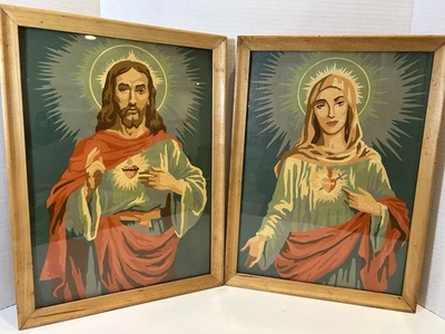 2 Paint By Number JESUS & VIRGIN MARY Vintage 1950s Orig Framed w/glass Art MCM - Image 1 of 4