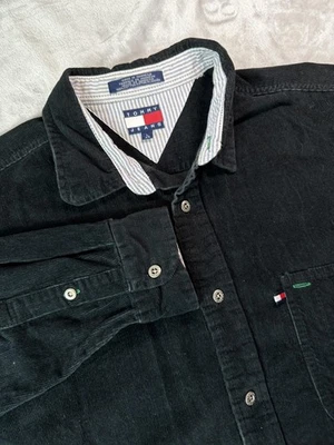 Tommy Jeans Shirt Mens Large Black Corduroy Button Front Long Sleeve Flag Logo - Image 1 of 4