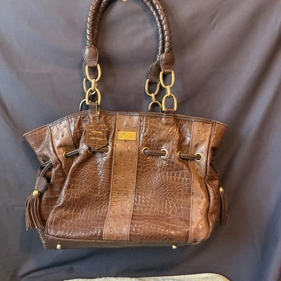 Isabella Adams Tan Pebbled Leather Medium Purse Bag Double Braided Handles Gold - Image 1 of 4