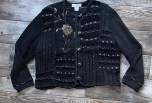 Sandy Starkman Patchwork Sweater Cardigan Floral Black Brown Sz L Metallic Gold - Picture 1 of 10