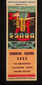 Robinson - Herring Drug Phones 952 & 953 705 Broadway Plainview TX Hale Co de 1950 - Imagen 1 de 2