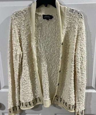 Cárdigan Suéter Diseño Islandés Tejido Abierto Grande Marfil Crema Cuentas Algodón Foto 1 de 4