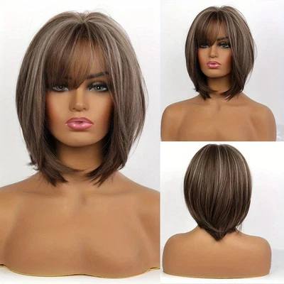 Высокотемпературный парик Bob для женщин длина до плеч синтетический парик с челкой - Изображение 1 из 4