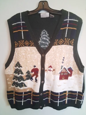 Vintage 90s North Crest Winter Christmas Sweater Vest Trees Size XL Snowman - Image 1 of 3