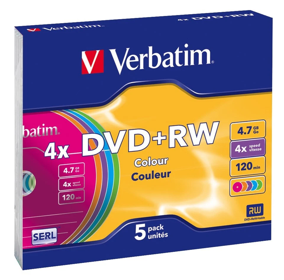 Verbatim 43297 DVD+RW SERL 4.7GB 4X Colour Surface 5 Pack - Image 1 of 1