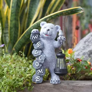 Cute Bear Solar Garden Statue with Lantern & Welcome Sign, Small Size 7.8” H Out - Picture 1 of 7