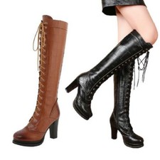 Women's Super High Heel Platform Brogue Cowboy Knee High Boots Leather Shoes L