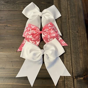 Set of 3 Cheer Bows, White, Pink, Breast Cancer Awareness - Picture 1 of 6