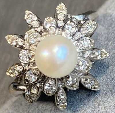 14K White Gold Pearl Diamond Spray Flower Art Deco Estate Vintage Dome Ring 6.5 - Image 1 of 4