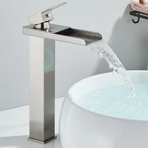 Brushed Nickel Bathroom Sink Faucet Tall Waterfall Vessel Mixer Single Handle - Picture 1 of 9