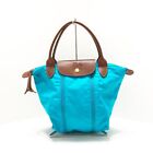 Auth LONGCHAMP - Light Blue Dark Brown Nylon Leather Handbag