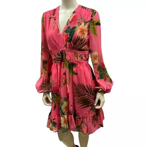 ALEX MARIE $168 Floral Long-Sleeve V-Neck Dres Ruffle Hem & Waist Detail 6 NWT - Picture 1 of 9