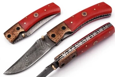 Aisha Tech Custom Hand made pocket knives Damascus Blade Bone handle AT-2787 - Image 1 of 4