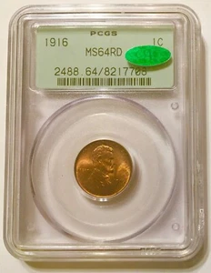 1916 Lincoln Cent PCGS MS 64 RD CAC - Picture 1 of 2