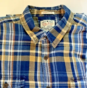 LUCKY BRAND Men California Fit LS Navy BLUE Gold PLAID Flannel Casual Shirt SZ L - Picture 1 of 5