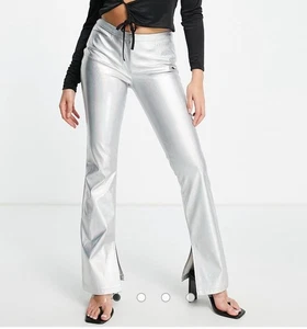ASOS Design Sparkly Metallic Silver Flare Split Hem Pants Women's size 0 - Picture 1 of 11