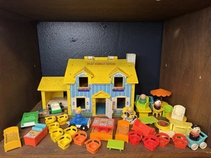 Vintage 70er Jahre Fisher Price Little Yellow People Spiel Familienhaus #952 42+ Teile - Bild 1 von 24