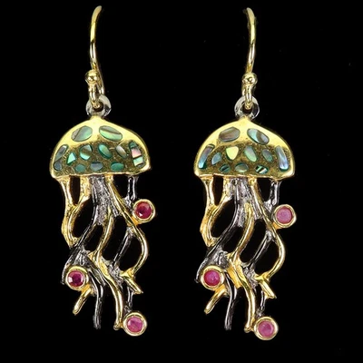 925 Sterling Silver Earrings Round Ruby Myanmar Mop Jellyfish Gemstone Jewelry - Image 1 of 4