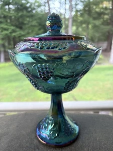 Carnival Glass Indiana Grape Blue Iridescent Covered Pedestal Compote/Candy Dish - Picture 1 of 4