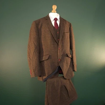 Walker Slater Tweed 3-Piece Suit Set Men's 48R (36 X 31) Brown Jacket Waistcoat  - Image 1 of 4