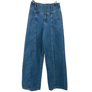 Vaqueros mujer Y2K mamá 27 cintura alta pierna ancha lavado medio 100% algodón - Imagen 1 de 12