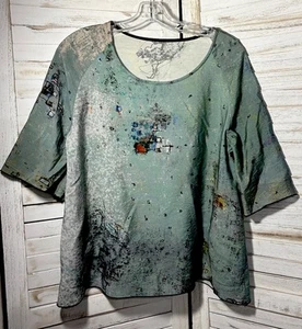 3 Potato Top Women Green Pullover SS Blouse SZ M/L Abstract Lagenlook Artsy - Picture 1 of 9