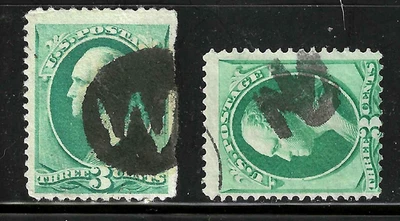 Fancy Cancel 2 Different LETTER W 3 Cent Washington Banknotes 1871-83 US 67B51 - Image 1 of 3