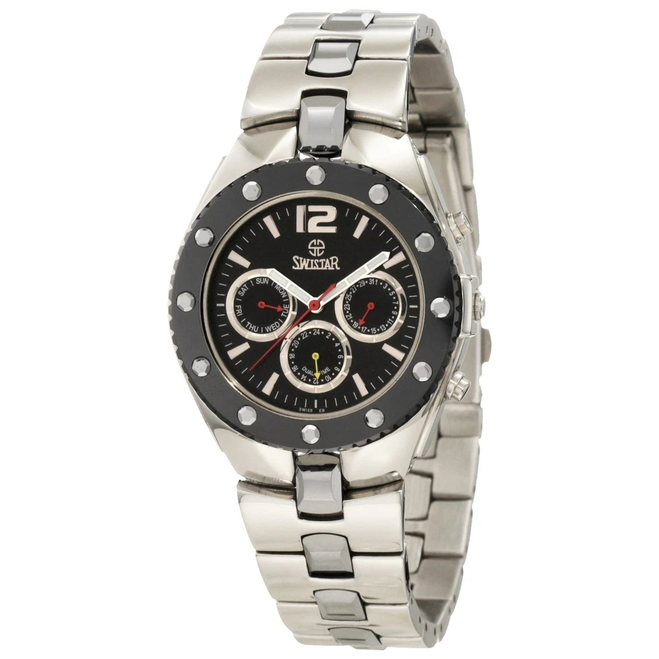 NUEVO Reloj Swistar 5655-M Para Hombre Analógico Cuarzo Suizo Día Fecha Bisel Negro Plateado SS Foto 1 de 3
