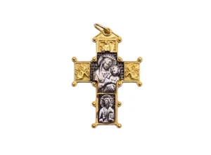 Silber 925 Theotokos mit Kind & Pantokrator mit Erzengeln Brustkreuz 1,5" - Bild 1 von 1