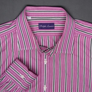 Ralph Lauren Purple Label Dress Shirt Mens 17.5 Pink White Black Stripe Italy - Picture 1 of 5