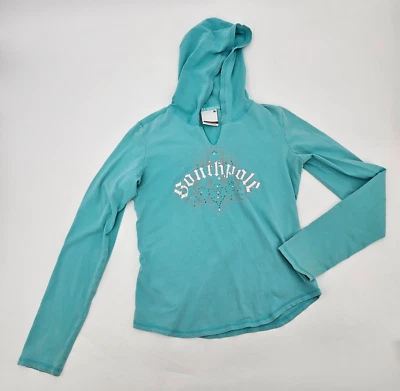 Y2K Южный полюс длинным рукавом толстовка с капюшоном рубашка женский размер XL Aqua синий с капюшоном блестящий - Изображение 1 из 4