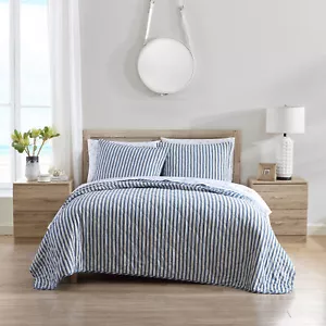Stone Cottage Willow Way Ticking Stripe Cotton Blue 3 Piece Quilt Set-Full/Queen - Picture 1 of 10