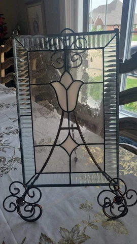 Vtg Victorian Style Pink Tulip Stained Beveled Cut Glass with Steel Frame Cover
