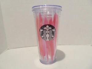STARBUCKS 2016 Pink Paint Stripe Cold Cup Tumbler 20 oz Insulated Double Wall - Picture 1 of 6