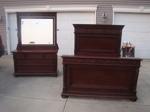 Antique Majestic Ornate Carved Tall Victorian Queen Bed & Dresser w/ Mirror Cover