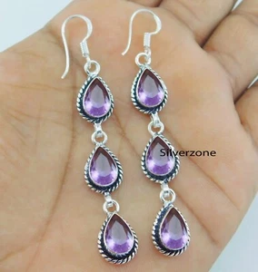 Amethyst Gemstone 925 sterling silver handmade Dangle Drop Earrings 2.75" - Picture 1 of 3