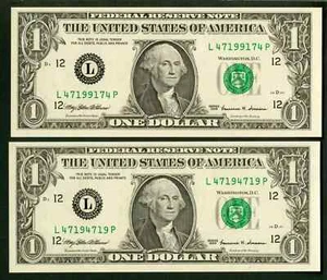 $1 1999 FRN RADAR + REPEATER PAIR 47199147 + 47194719 Fancy Serial Number Ch CU - Picture 1 of 2