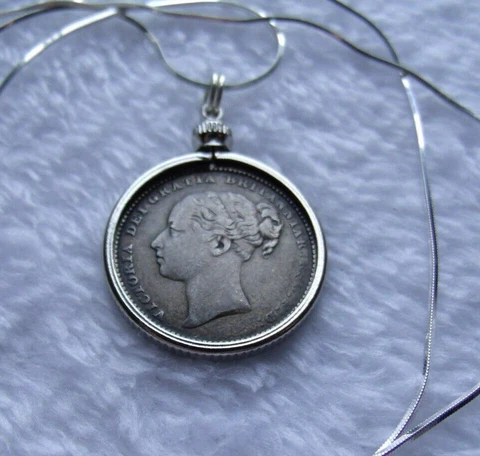 1884 Queen Victoria English 925 Silver Shilling Coin Pendant,  24" Snake Chain Cover