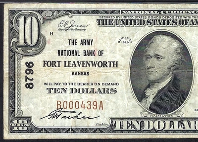 🇺🇸KS 1929 $10 ♚FORT LEAVENWORTH, KANSAS♚ THE ARMY NB  PMG VERY FINE 20 SCARCE! - Image 1 of 3